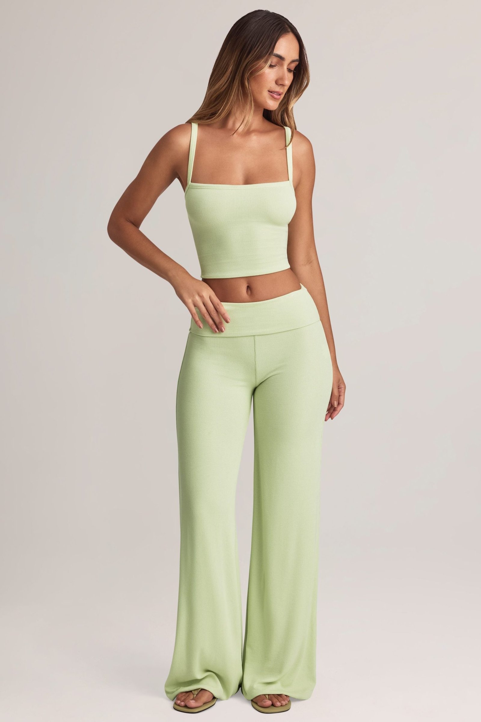 Modal Foldover Wide-Leg Trousers in Sage Green - Image 4