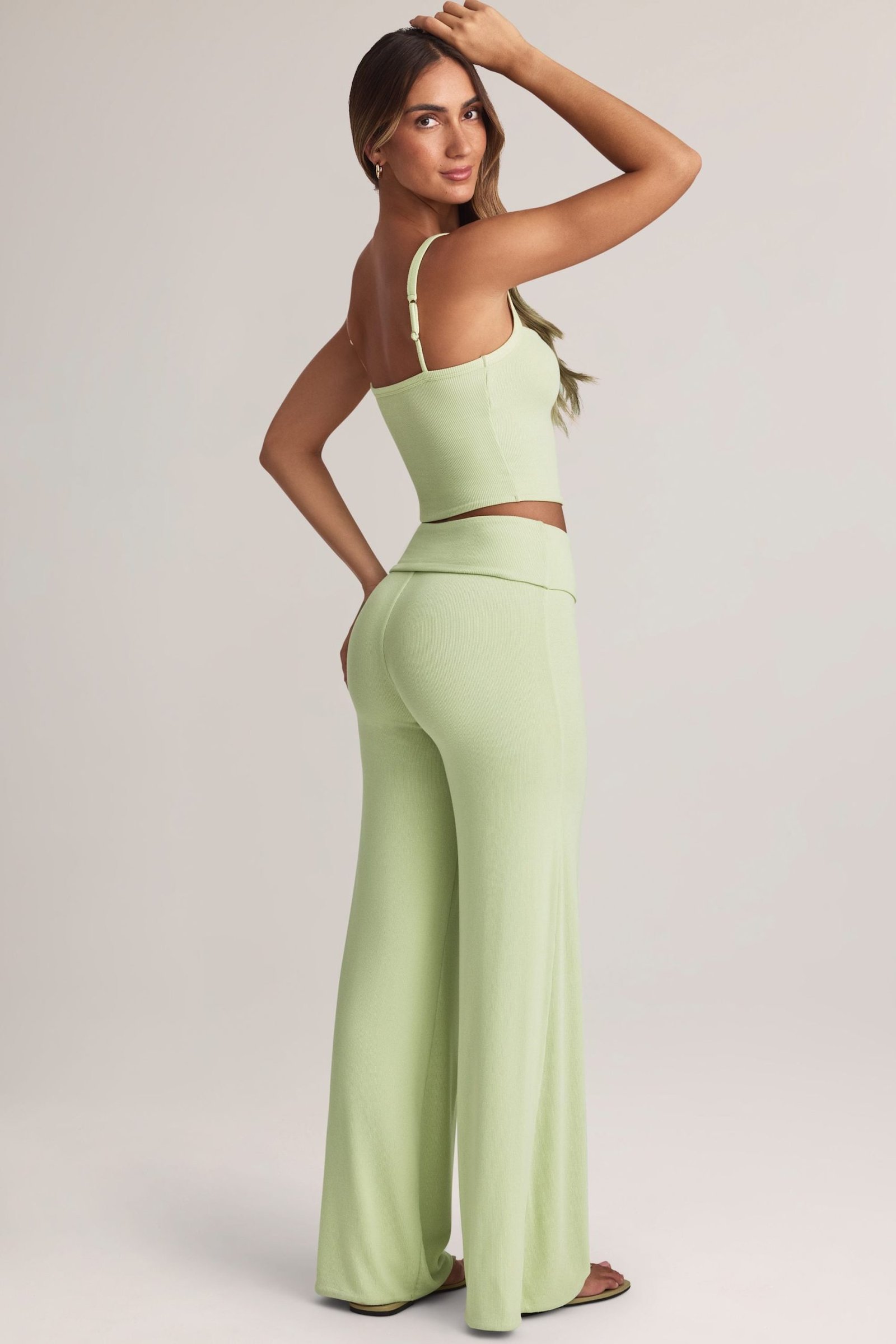 Modal Foldover Wide-Leg Trousers in Sage Green - Image 3