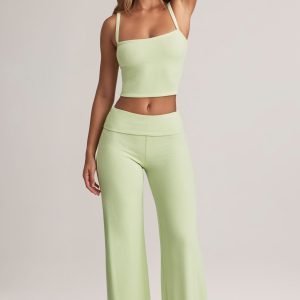 Modal Foldover Wide-Leg Trousers in Sage Green