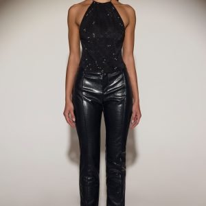 Croc-Effect Straight-Leg Trousers in Black