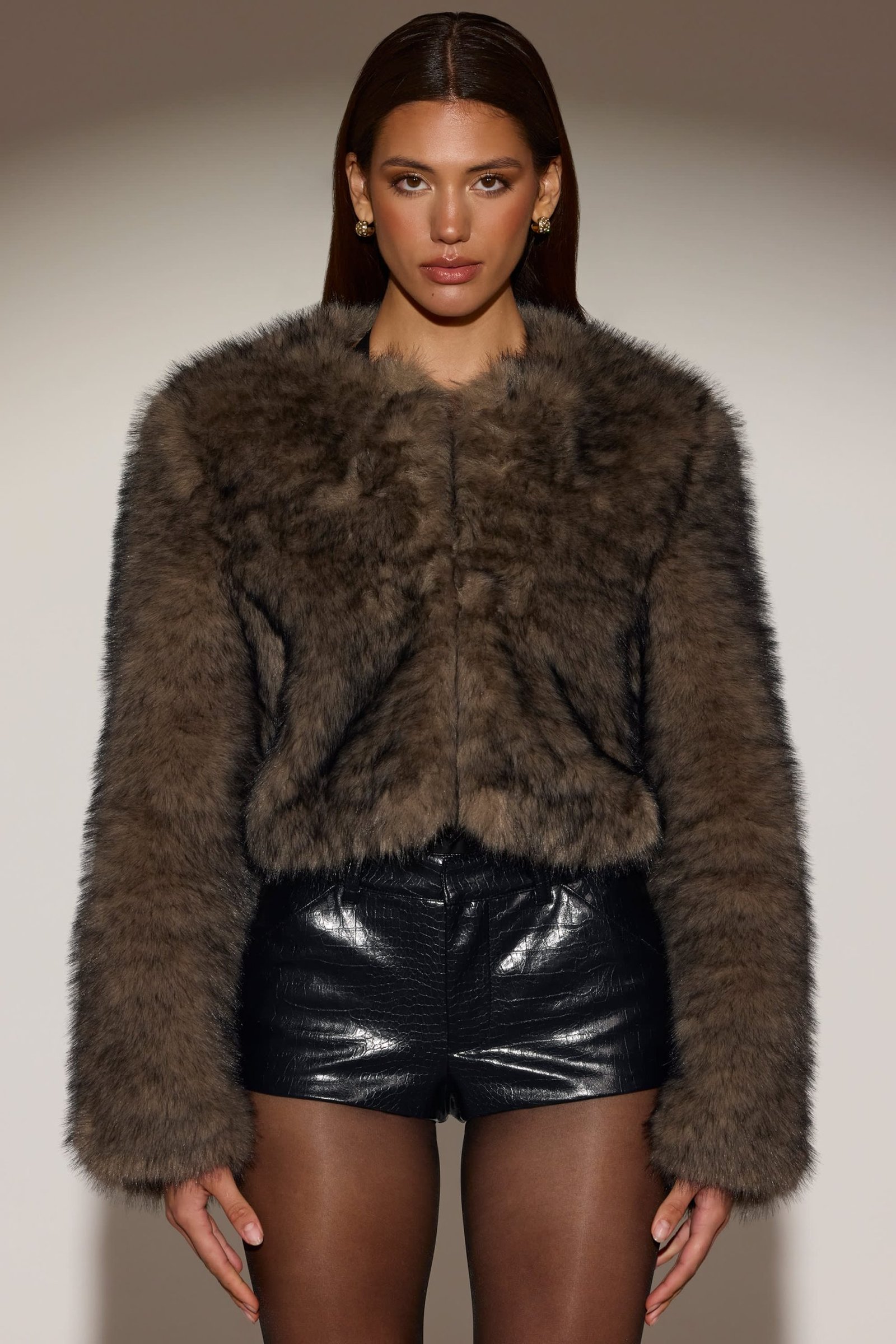 Cropped Faux-Fur Jacket in Chocolate Brown - Image 4