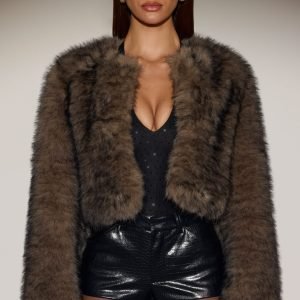 Cropped Faux-Fur Jacket in Chocolate Brown