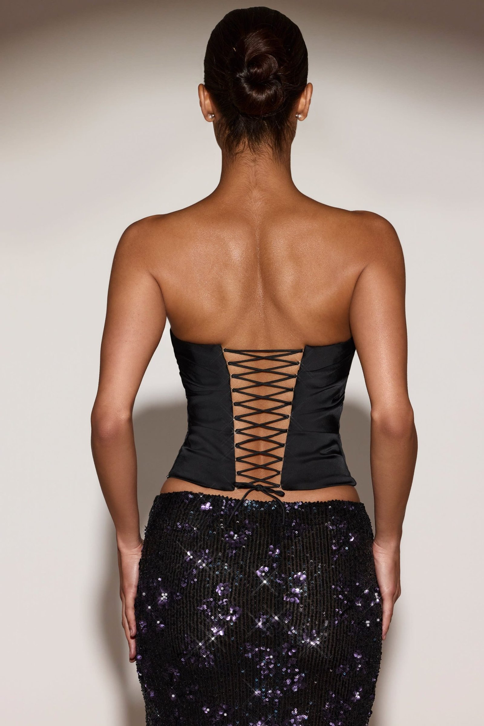 Draped Lace-Up Corset Top in Black Purple - Image 2