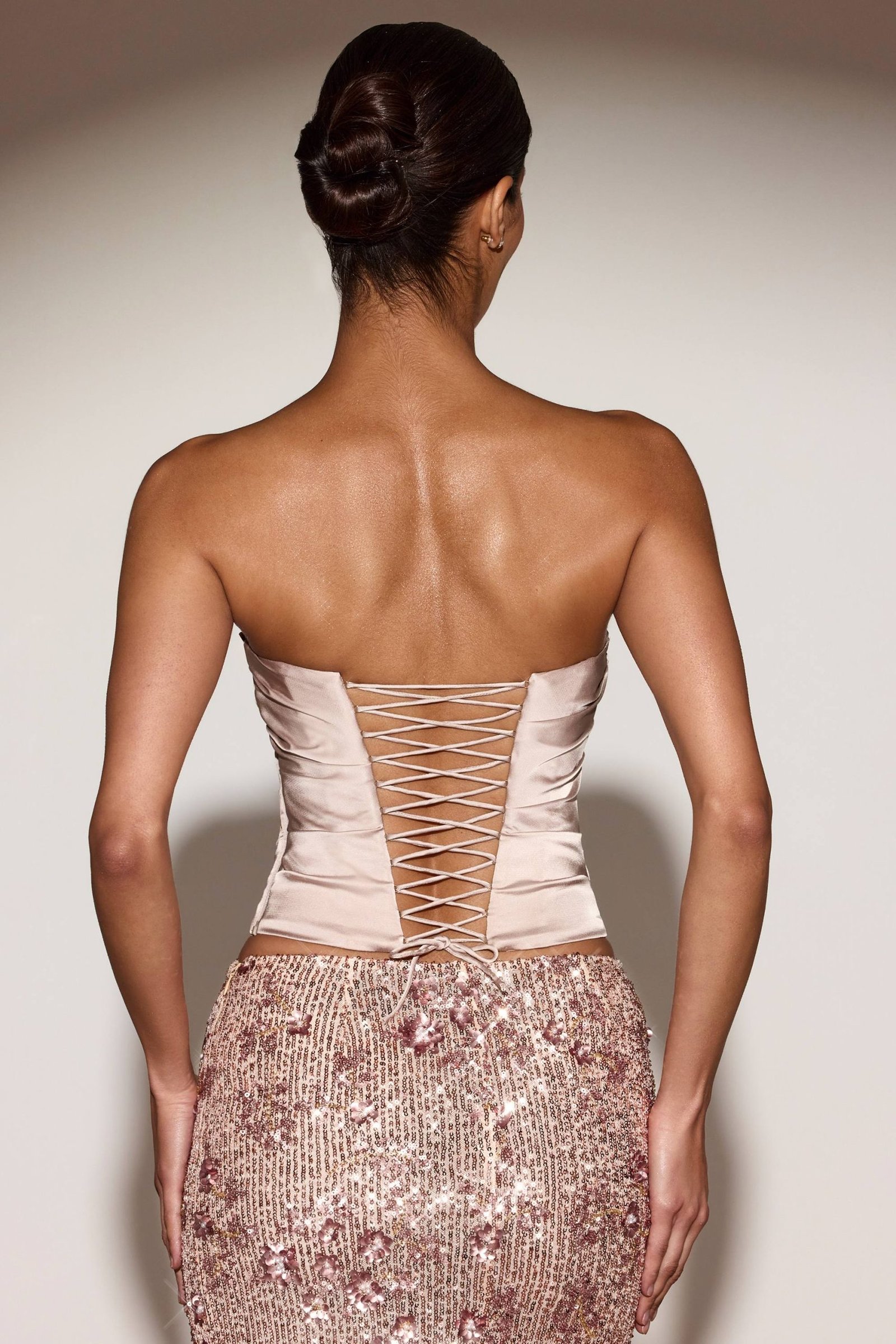 Draped Lace-Up Corset Top in Gold - Image 3