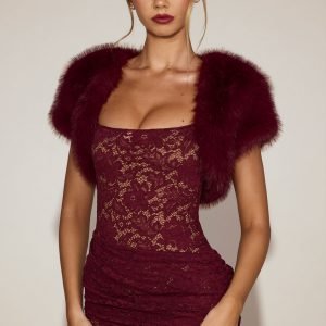 Faux-Fur Short Sleeve Bolero in Wine Red