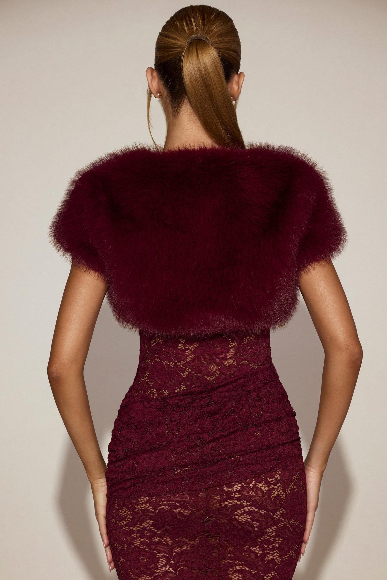 Faux-Fur Short Sleeve Bolero in Wine Red - Image 5