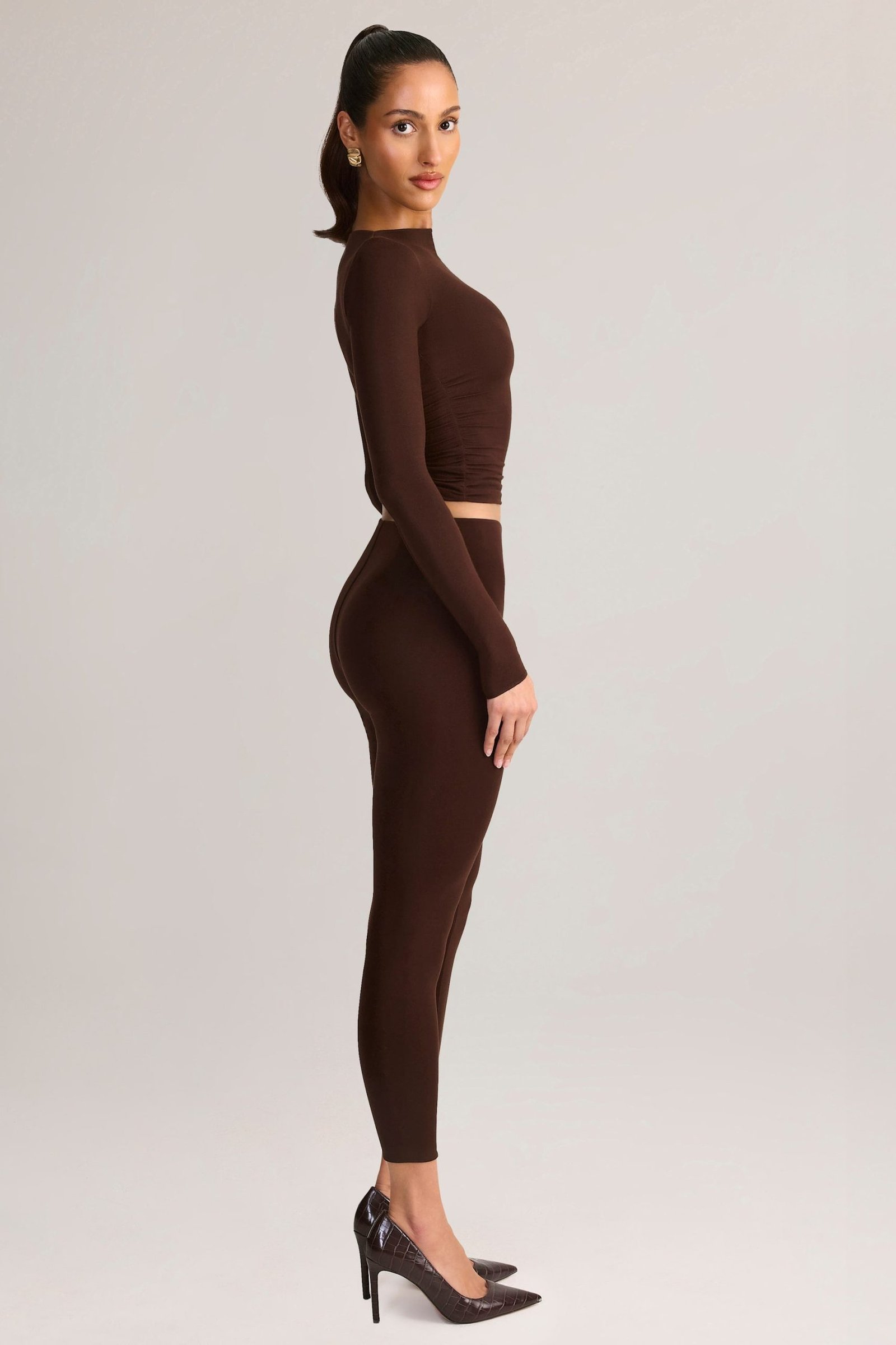 Modal Mid-Rise Leggings in Chocolate Brown - Image 3