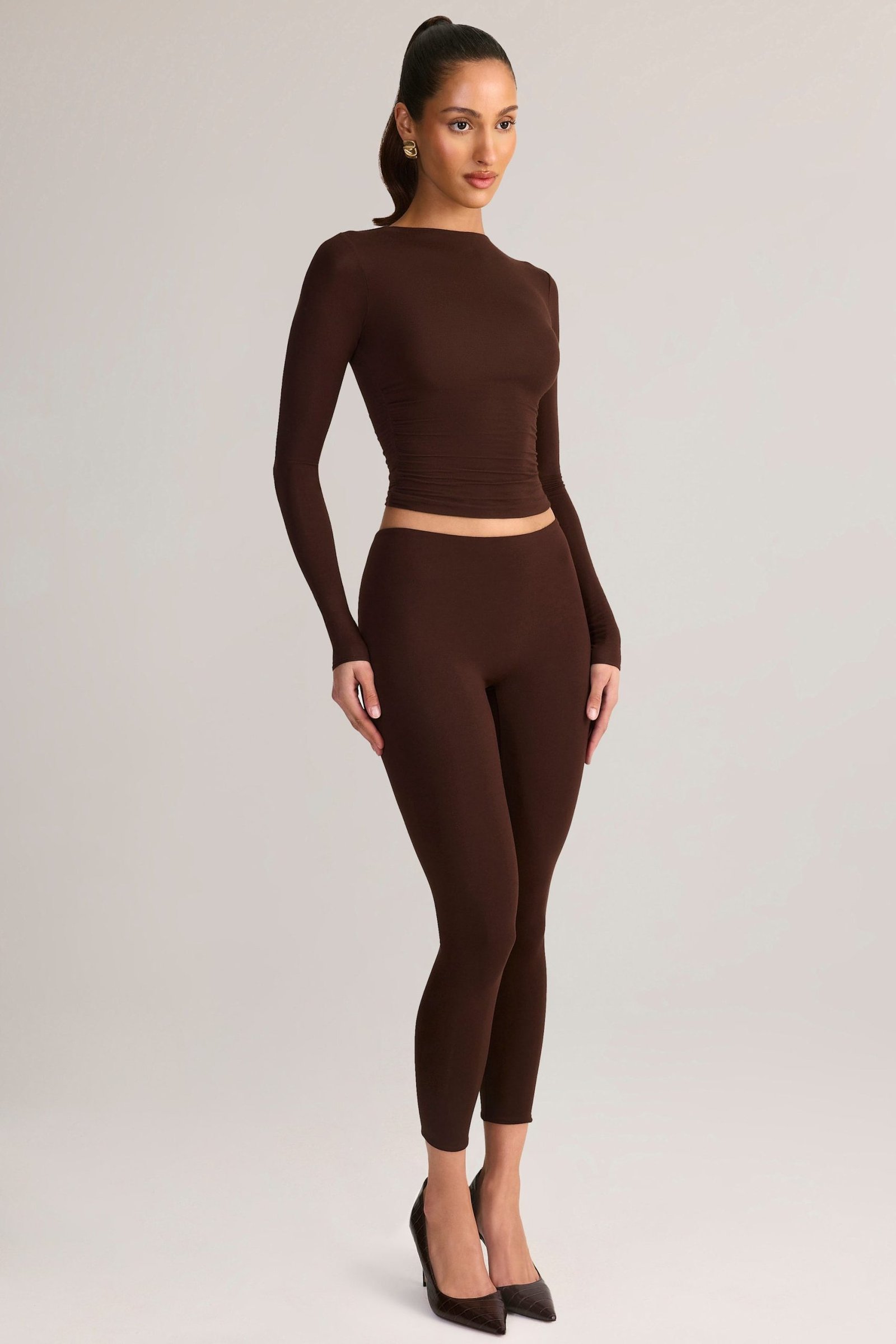 Modal Mid-Rise Leggings in Chocolate Brown - Image 4