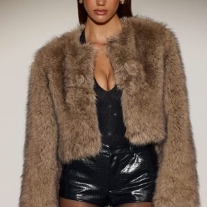 Cropped Faux-Fur Jacket in Light Brown