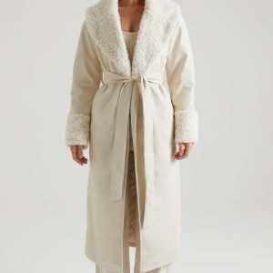 Tie Up Coat with Shearling Collar and Cuffs in Cream
