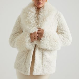 Shearling Coat with Large Front Pockets in Cream