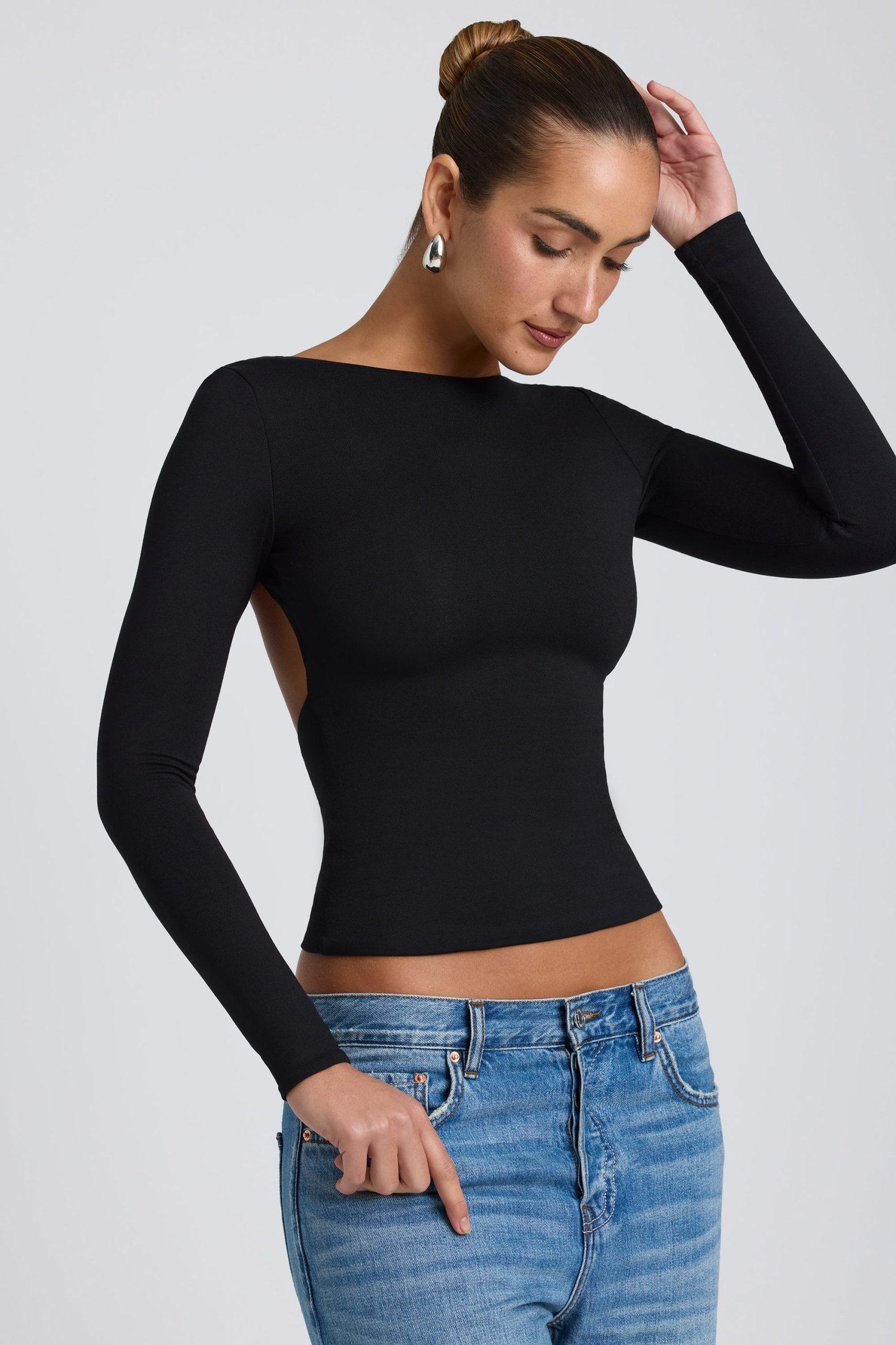Modal High Neck Long Sleeve Open Back Top in Black - Image 5