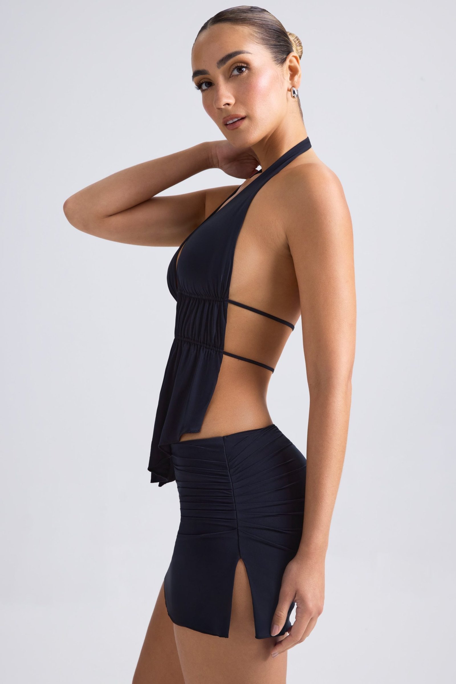Cut-Out Ruched Halterneck Crop Top in Black - Image 3
