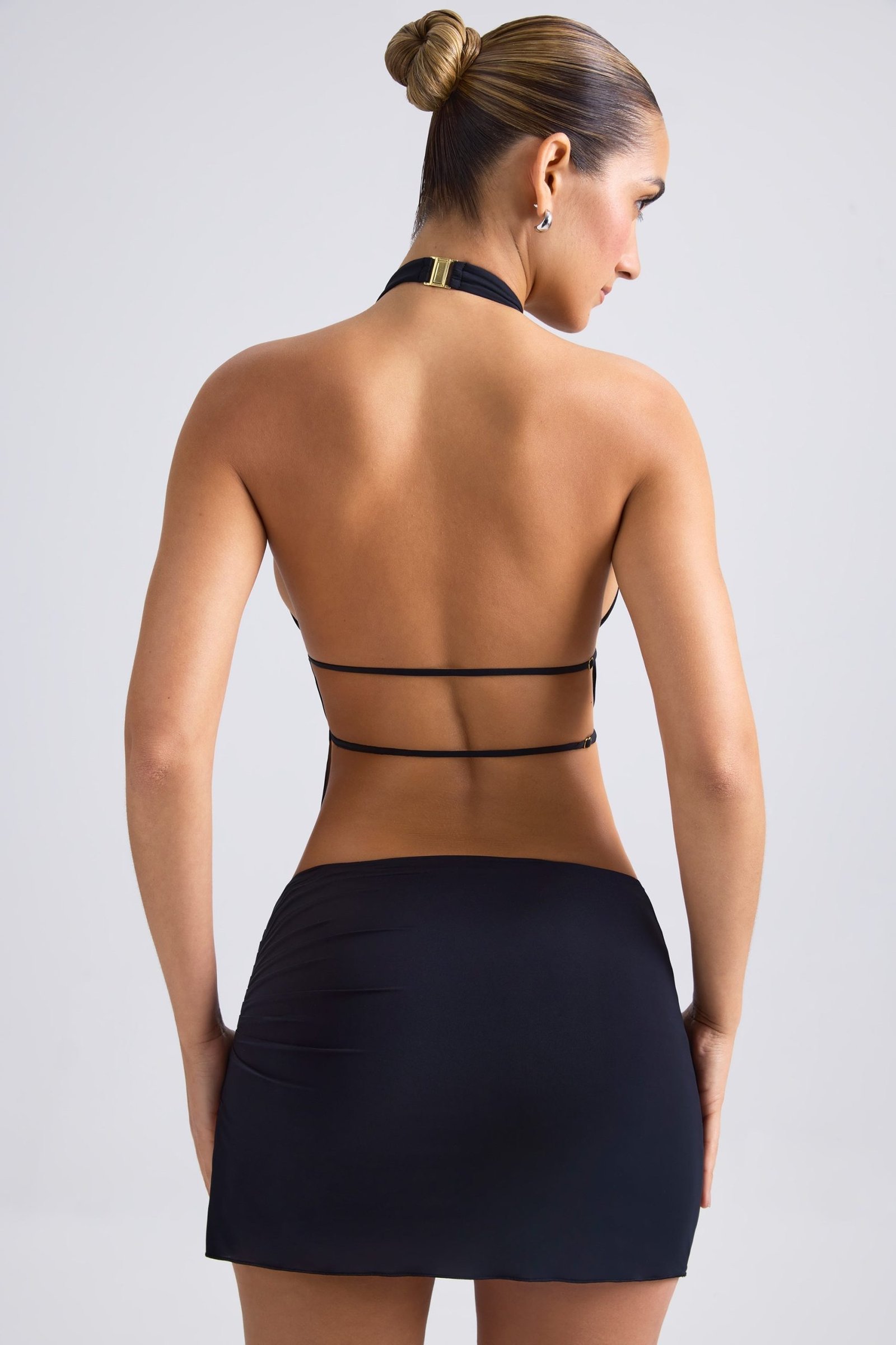 Cut-Out Ruched Halterneck Crop Top in Black - Image 2