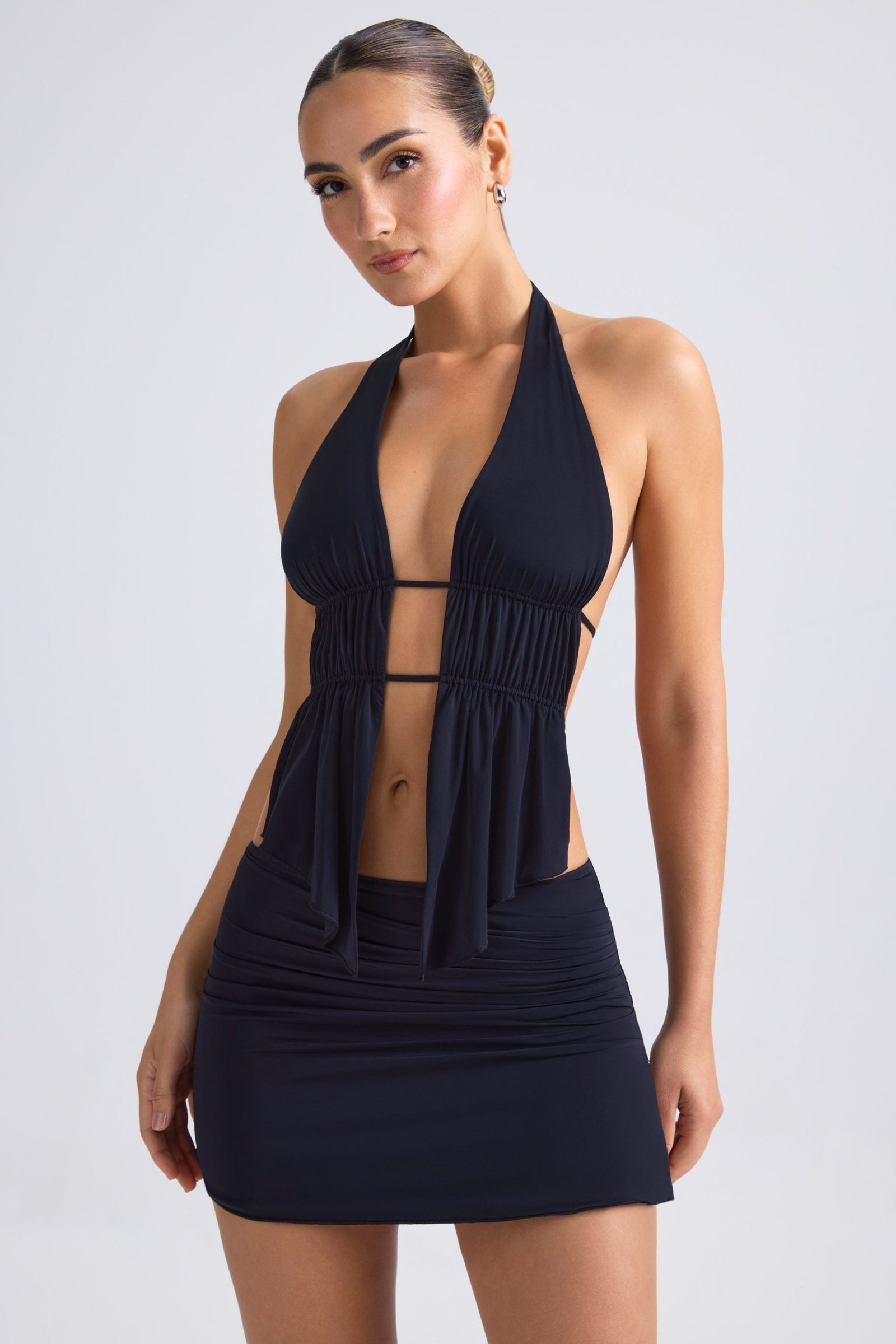Cut-Out Ruched Halterneck Crop Top in Black - Image 12