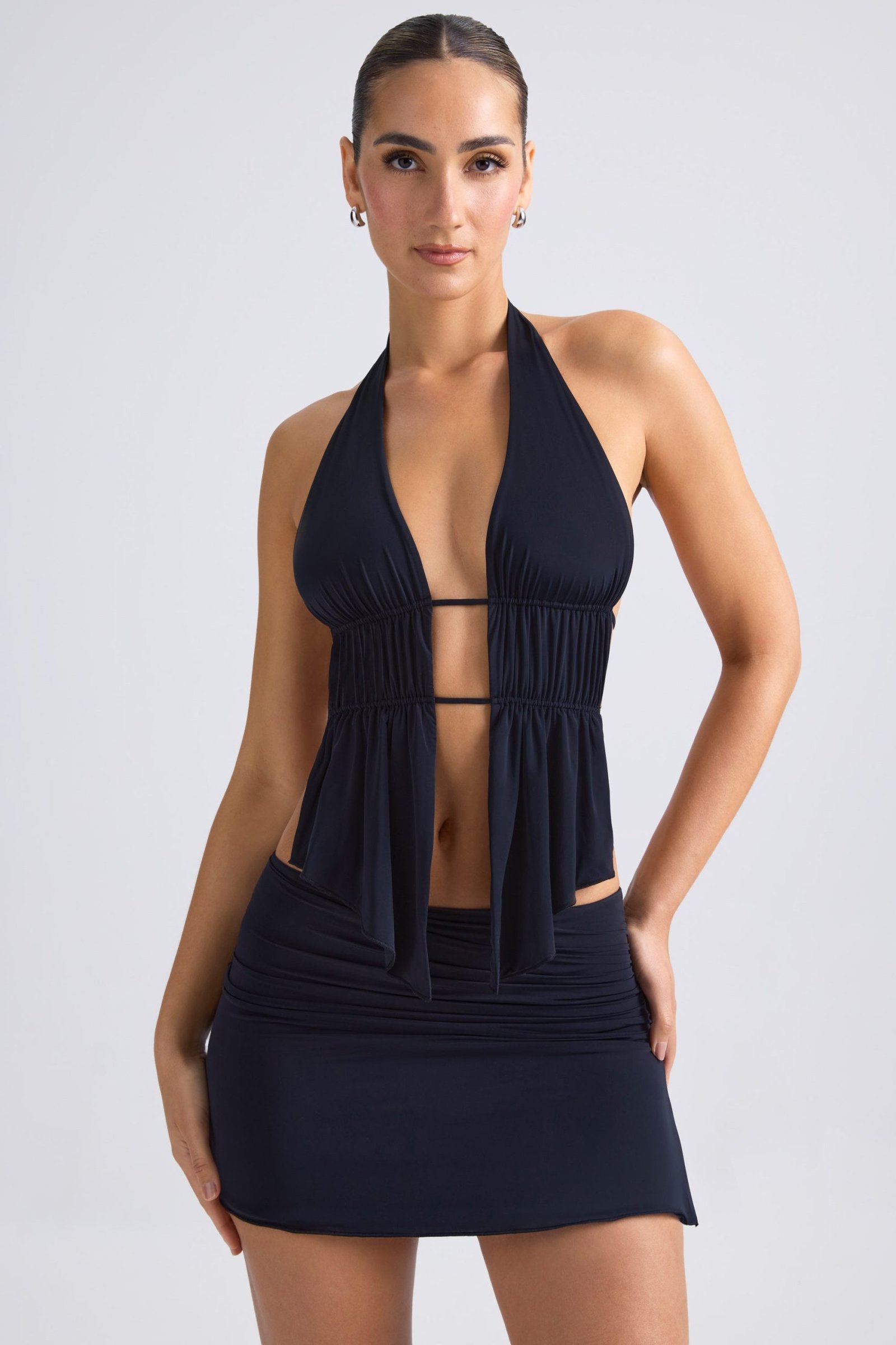 Cut-Out Ruched Halterneck Crop Top in Black - Image 9