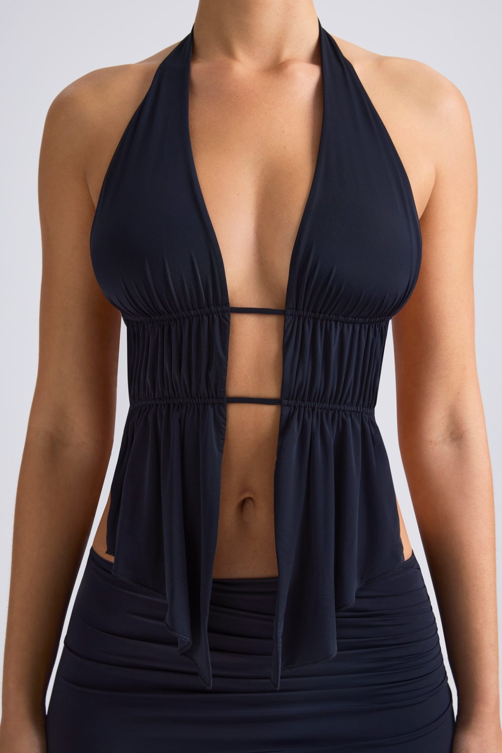 Cut-Out Ruched Halterneck Crop Top in Black - Image 4