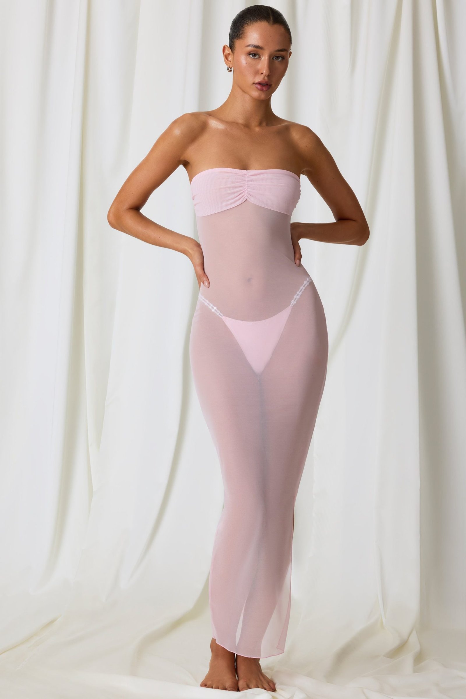 Ruched Bandeau Midi Dress in Soft Pink - Image 7