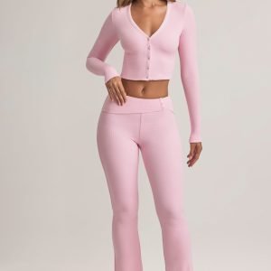 Modal Foldover Mid-Rise Flared Trousers in Pastel Pink