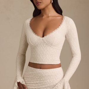 Ruffle Long-Sleeve Lace Top in Ivory