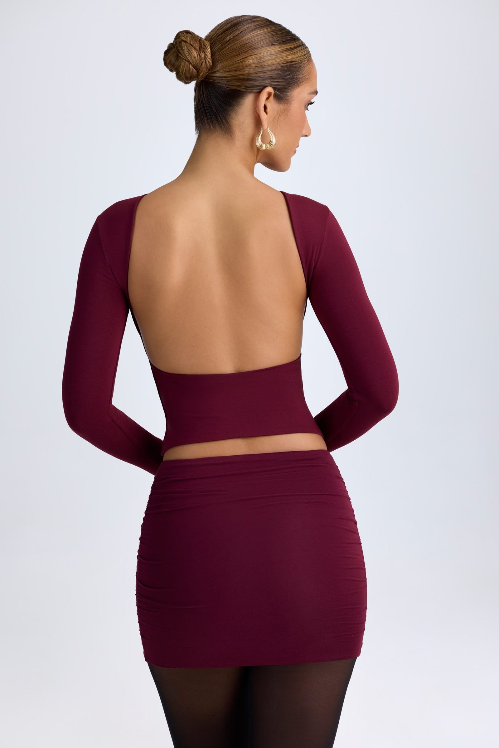 Modal High Neck Long Sleeve Open Back Top in Wine Red - Image 2