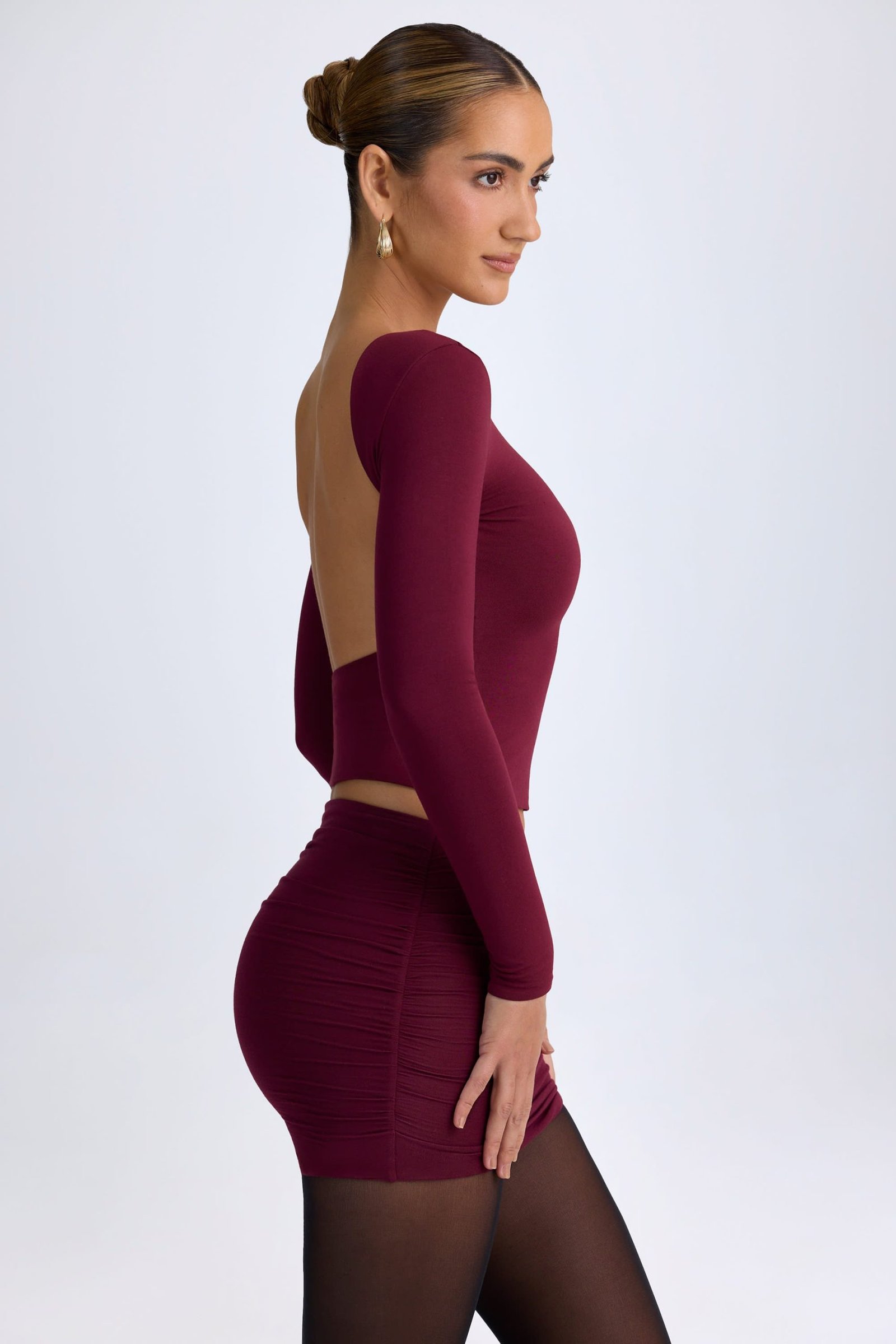 Modal High Neck Long Sleeve Open Back Top in Wine Red - Image 3