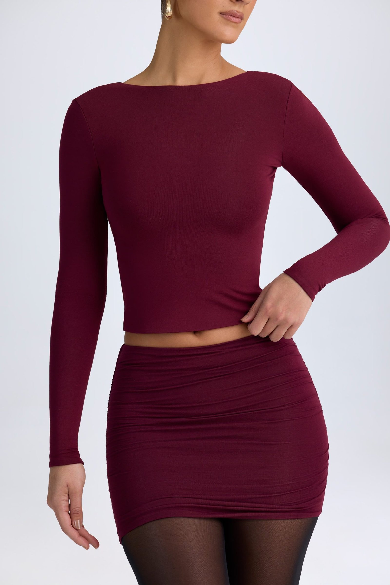 Modal High Neck Long Sleeve Open Back Top in Wine Red - Image 4