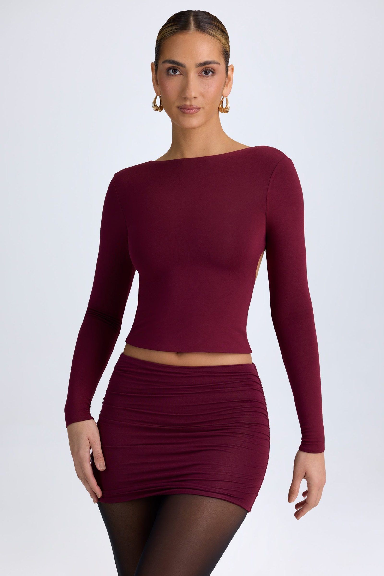 Modal High Neck Long Sleeve Open Back Top in Wine Red - Image 5