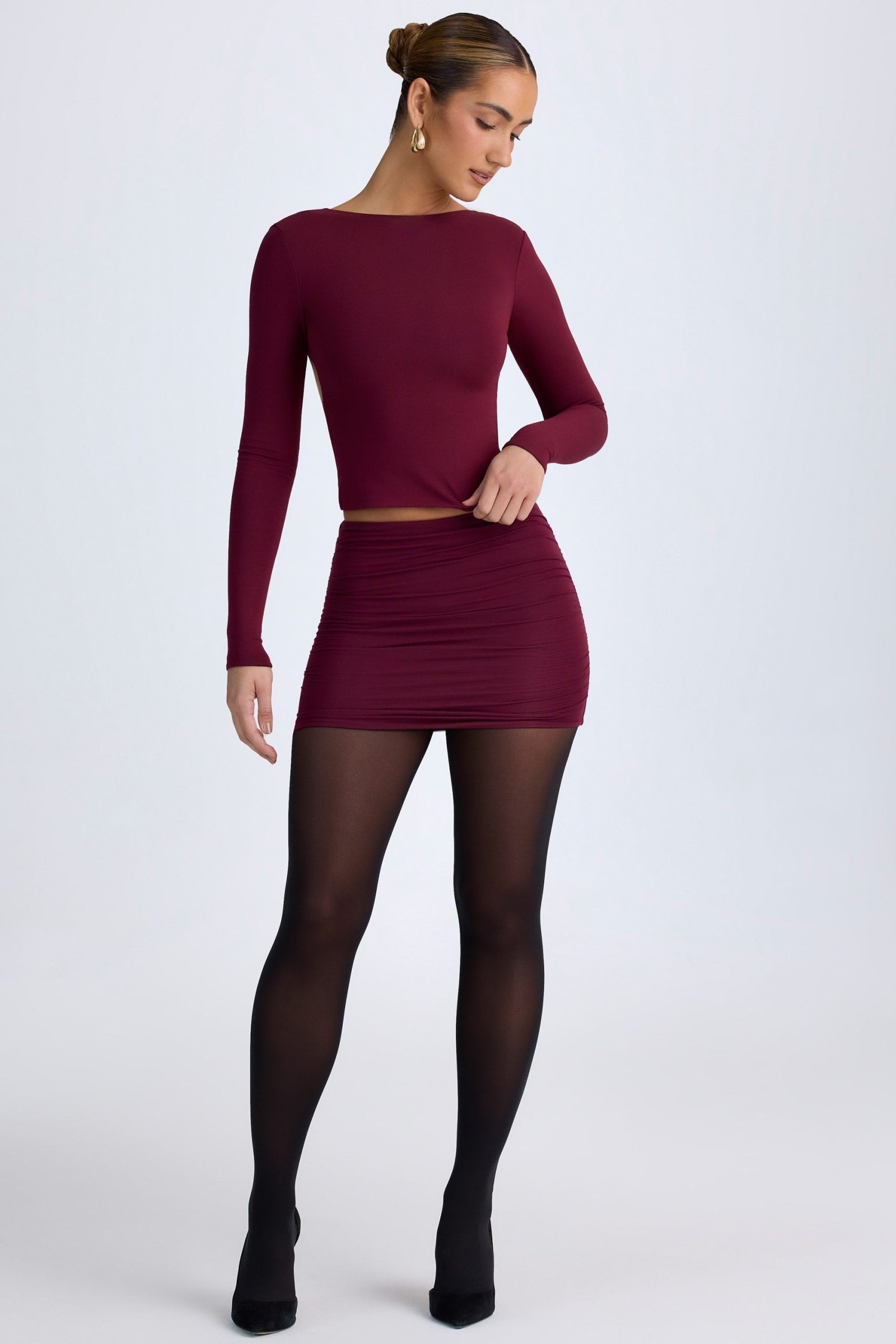 Modal High Neck Long Sleeve Open Back Top in Wine Red - Image 7