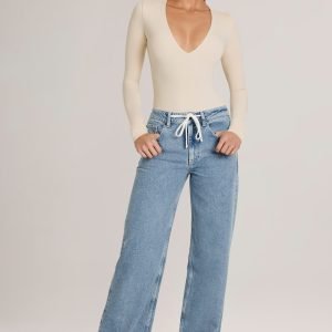 Drawstring Straight-Leg Jeans in Light Wash