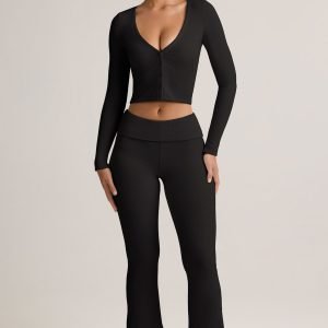 Modal Ribbed Foldover Flared Trousers in Black
