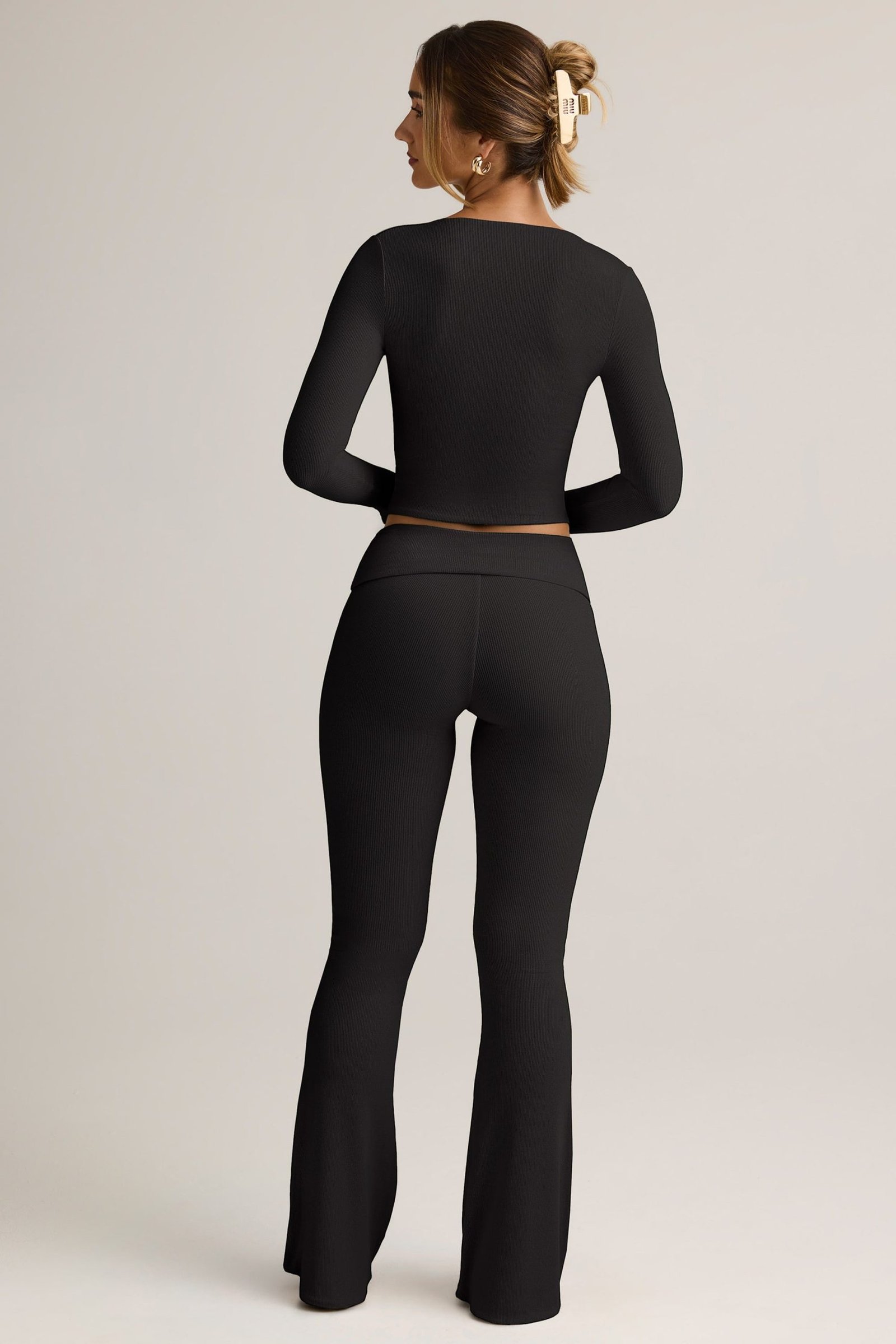 Modal Ribbed Foldover Flared Trousers in Black - Image 2