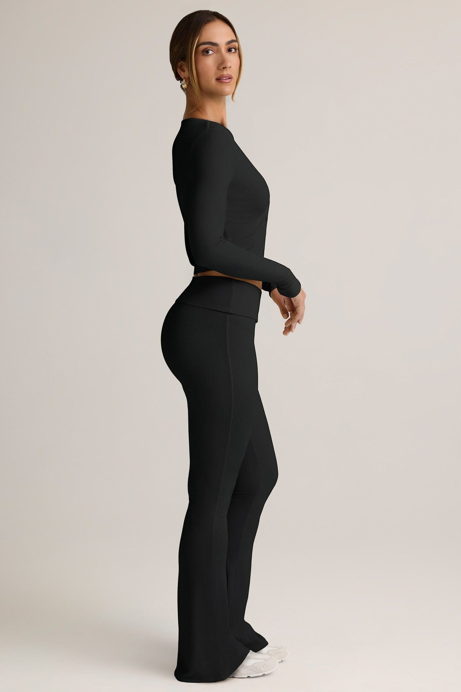 Modal Ribbed Foldover Flared Trousers in Black - Image 3