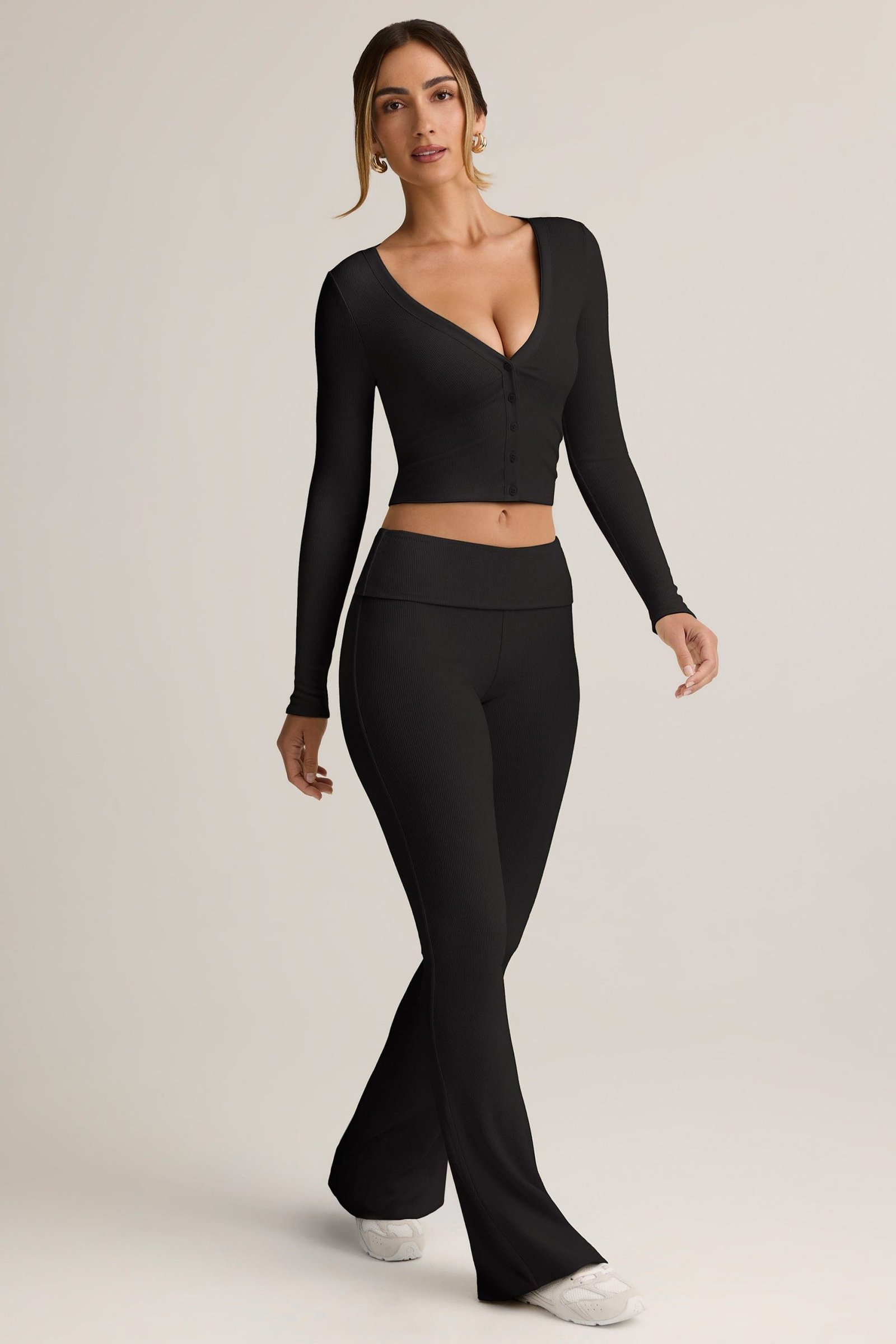 Modal Ribbed Foldover Flared Trousers in Black - Image 4