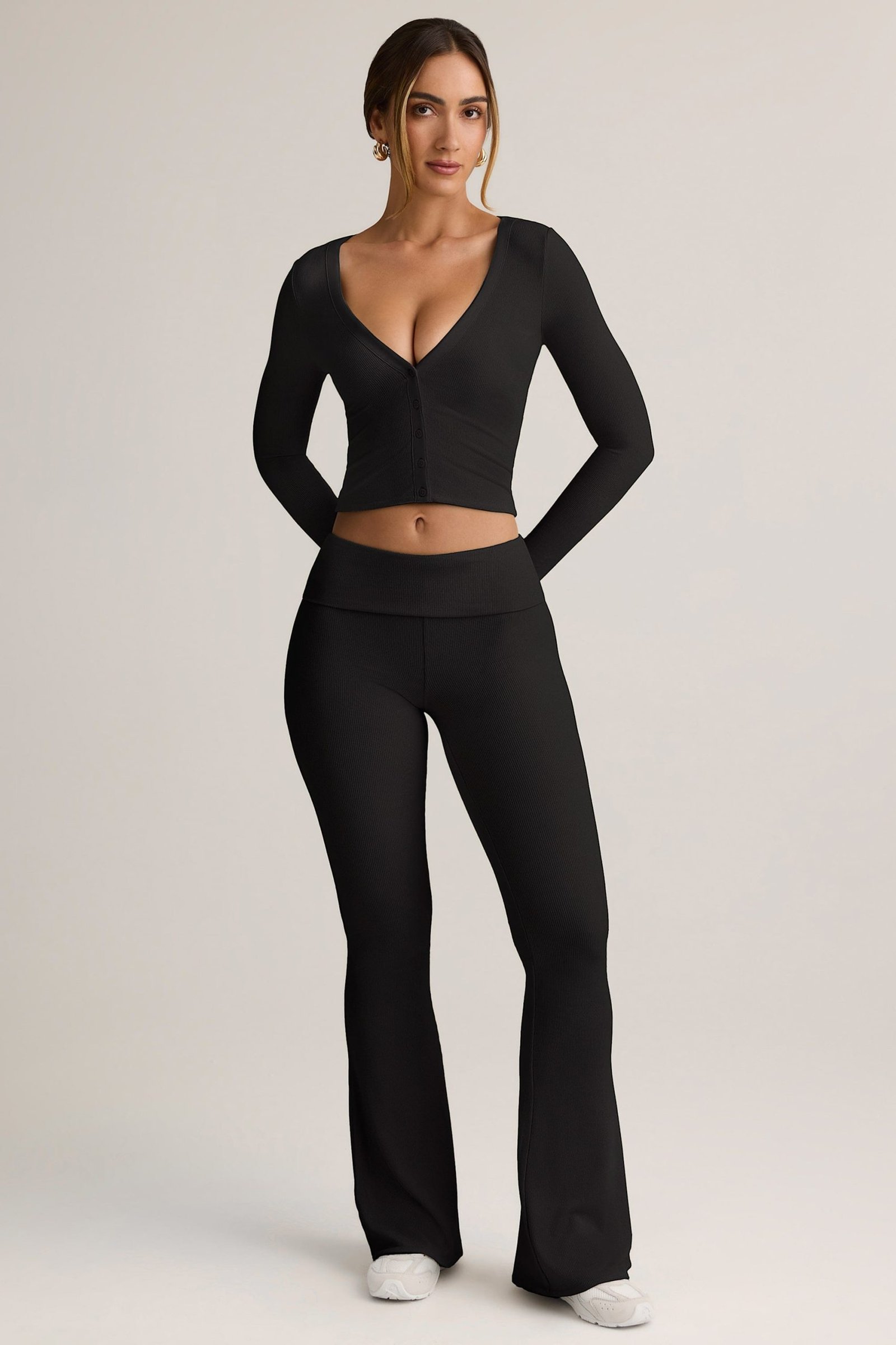 Modal Ribbed Foldover Flared Trousers in Black - Image 5