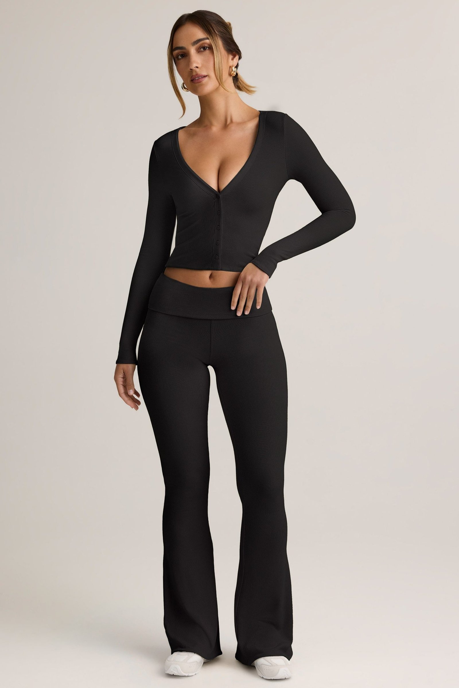 Modal Ribbed Foldover Flared Trousers in Black - Image 6