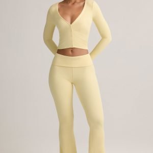 Modal Ribbed Foldover Flared Trousers in Buttercream Yellow