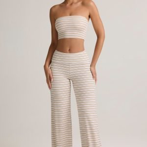 Modal Foldover Wide-Leg Trousers in Pink - Yellow Stripe