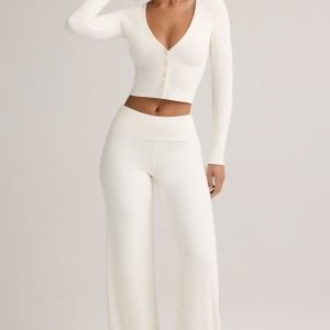Modal Foldover Wide-Leg Trousers in White
