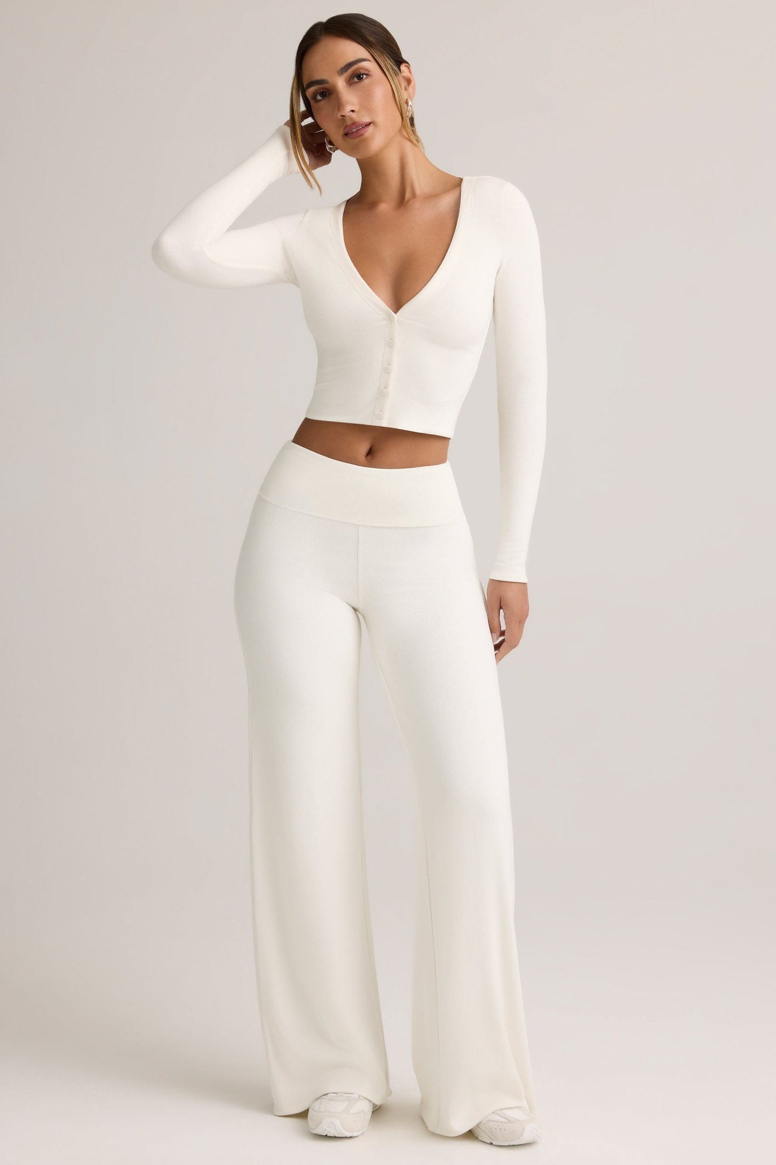 Modal Foldover Wide-Leg Trousers in White