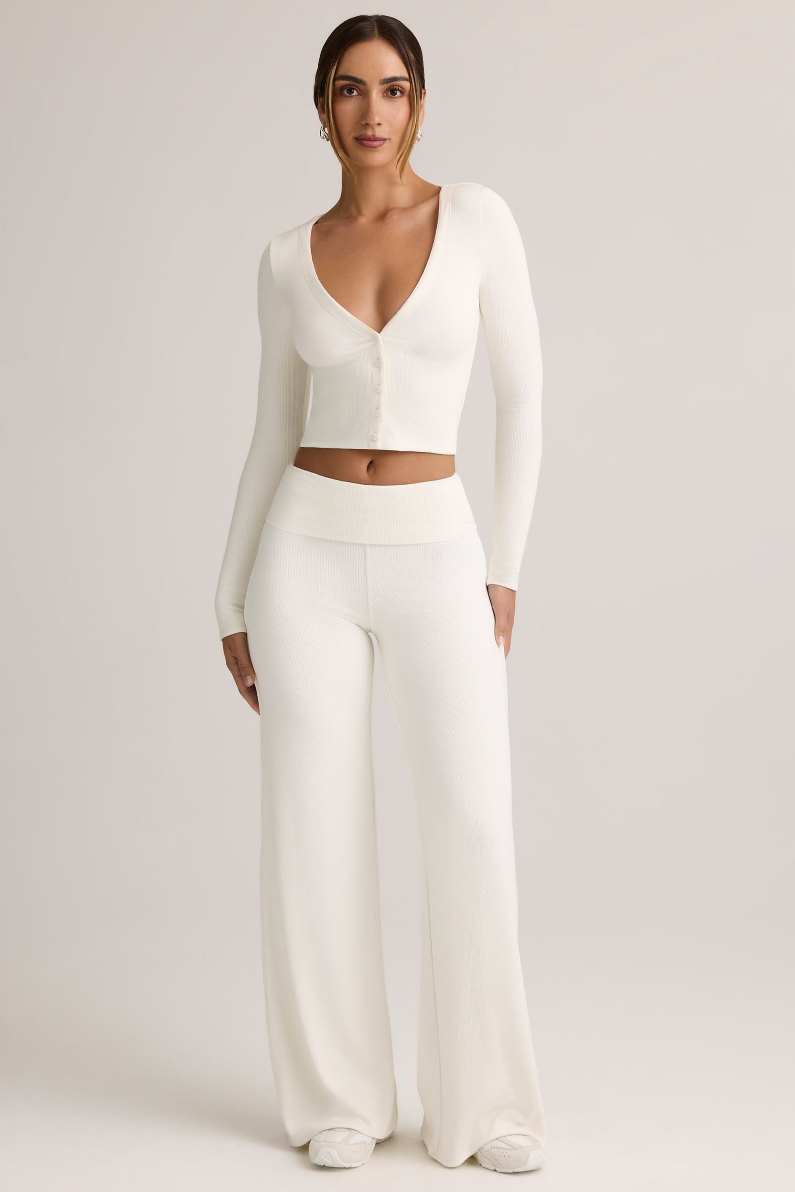 Modal Foldover Wide-Leg Trousers in White - Image 6