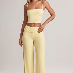 Modal Foldover Wide-Leg Trousers in Lemon Sherbet