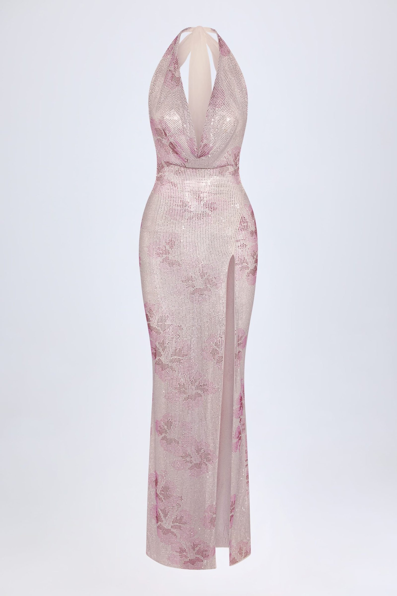 Embellished Cowl-Neck Maxi Dress in Pink White Hotfix - Image 3