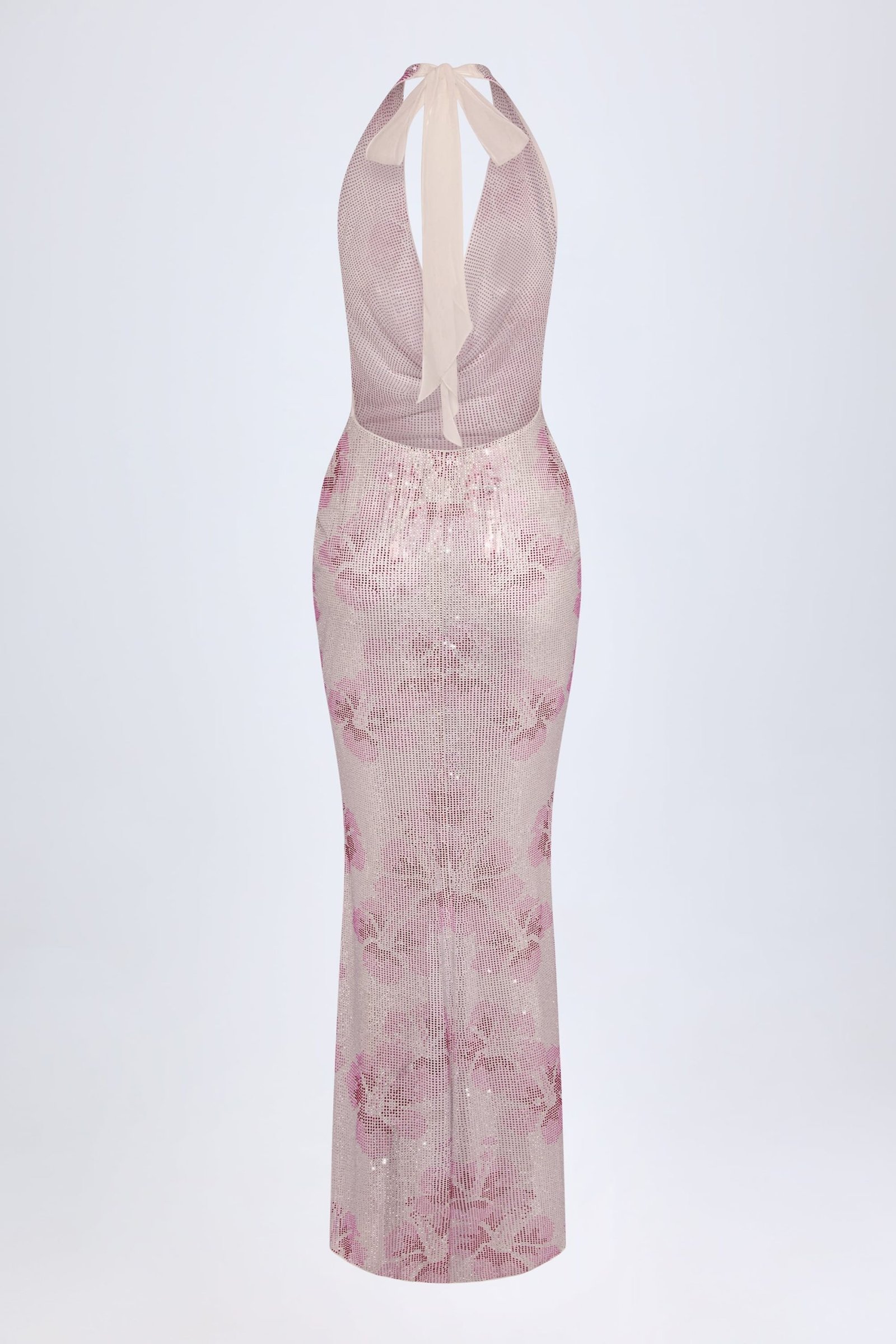 Embellished Cowl-Neck Maxi Dress in Pink White Hotfix - Image 4
