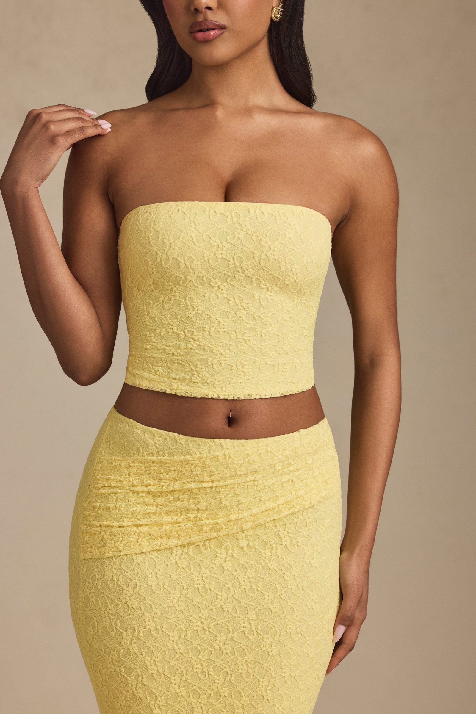 Ruched Strapless Lace Top in Pastel Yellow - Image 2