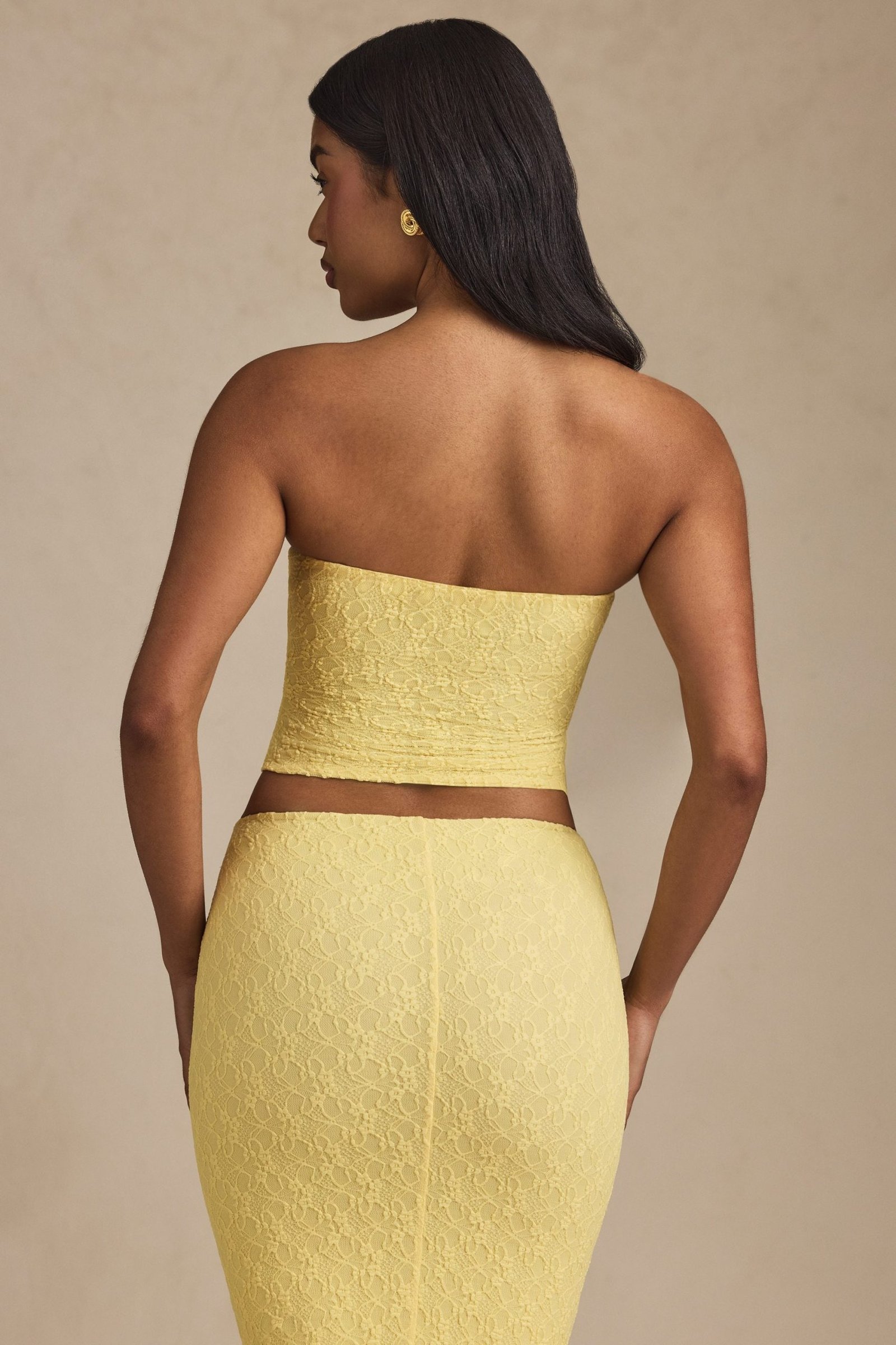 Ruched Strapless Lace Top in Pastel Yellow - Image 3