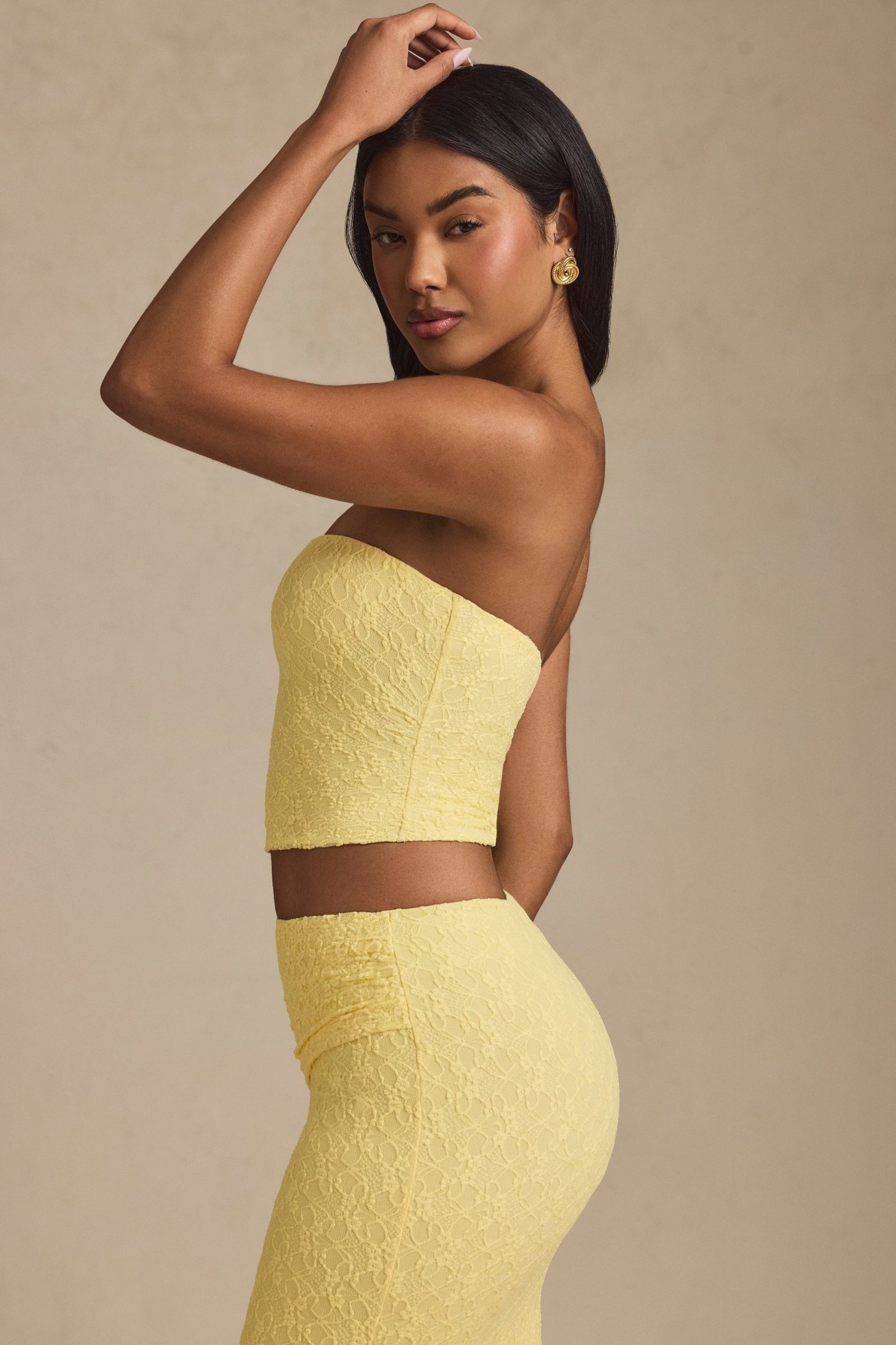 Ruched Strapless Lace Top in Pastel Yellow - Image 4