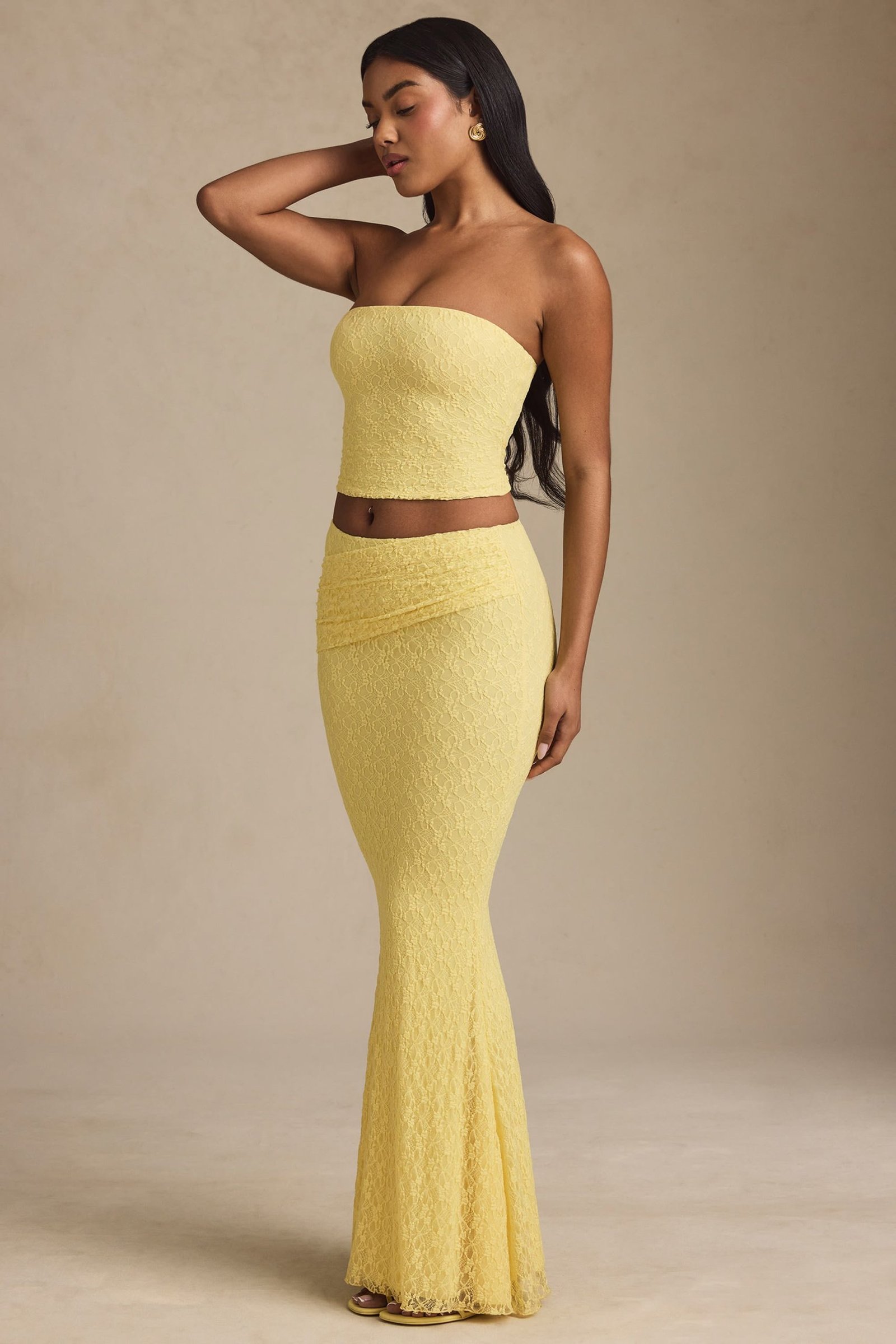 Ruched Strapless Lace Top in Pastel Yellow - Image 5