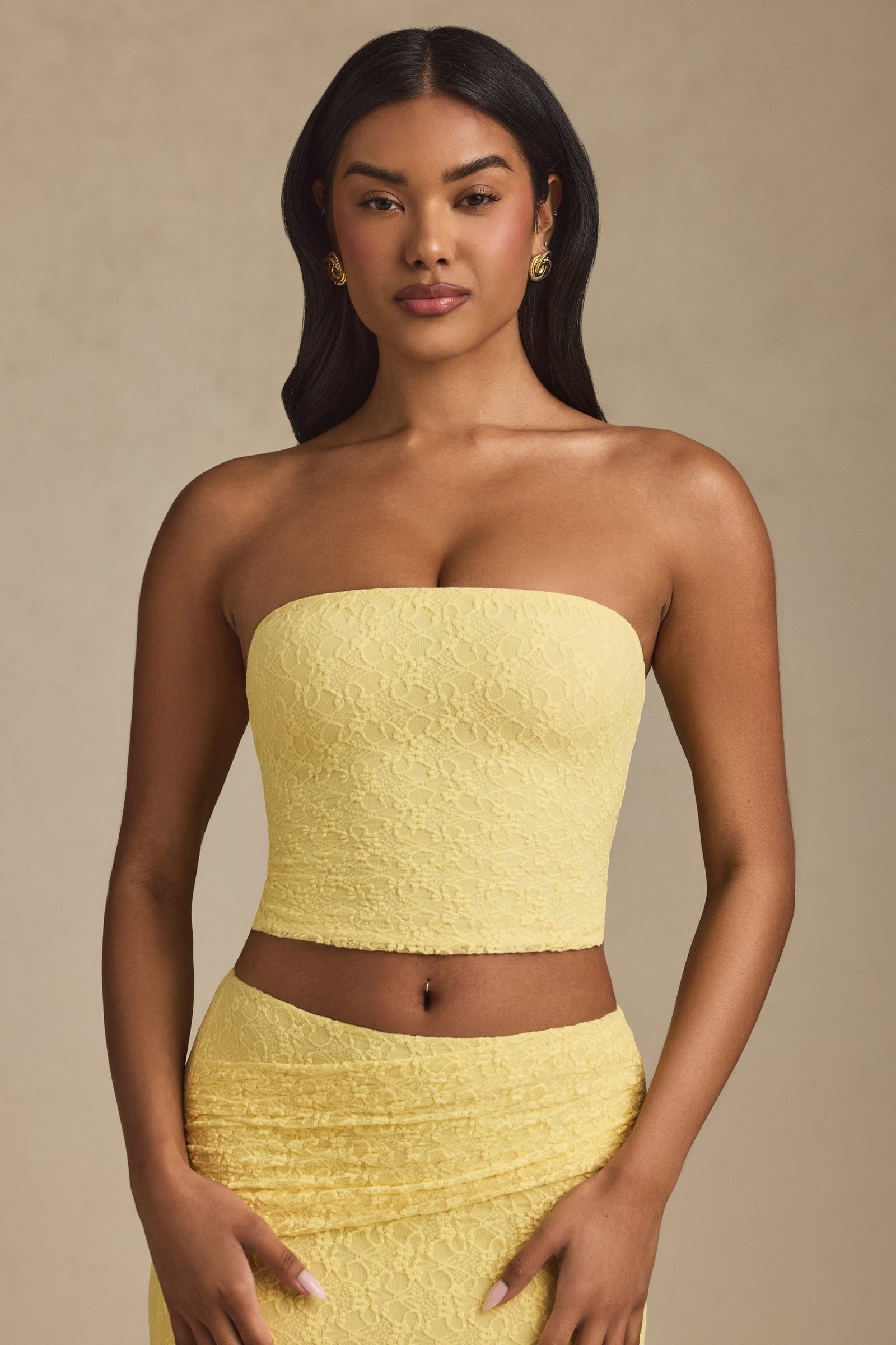 Ruched Strapless Lace Top in Pastel Yellow - Image 7