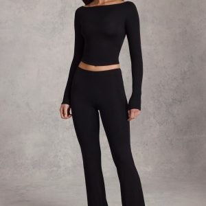 Modal Ruched Flared Trousers in Black